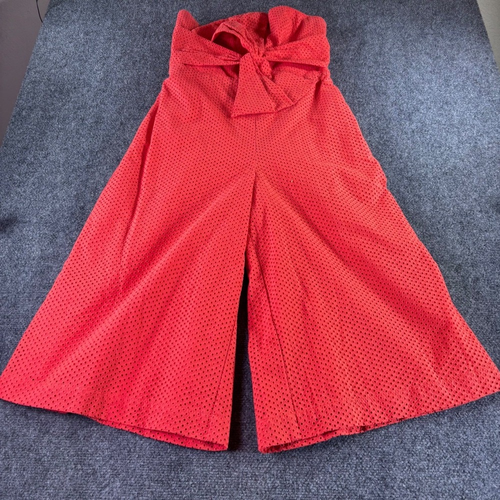 Anthropologie Postmark Jumpsuit Womens 8 Red Eyelet Straplss Wide Leg Bow Summer